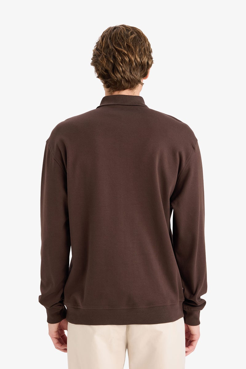 DeFacto Brown Man Regular Fit Polo Collar Sweatshirt with Half Zip Casual - Image 5